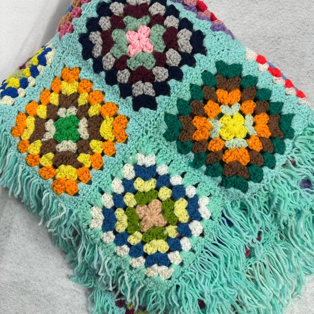 Handmade Crochet Afghan Throw Fringe Granny Square Blanket 67x63
